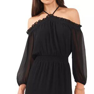 NWT Halogen® Black Cold Shoulder Long Sleeve Halter Maxi Dress